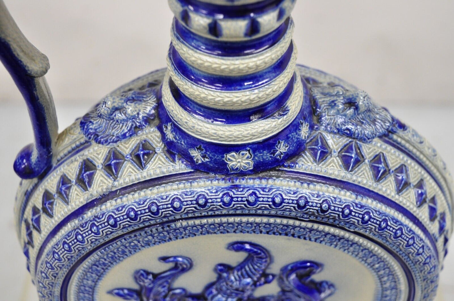 Antique Westerwald German Cobalt Blue Figural Stoneware Pottery Jug Pitcher