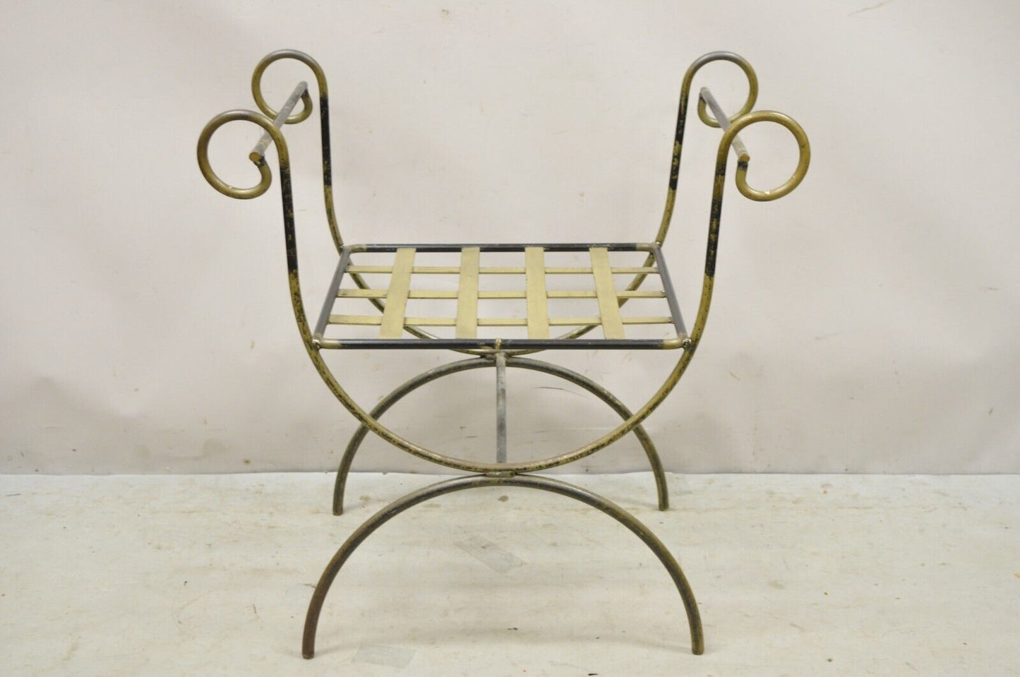 Vintage Neoclassical Style Curule Savonarola Wrought Iron Bench