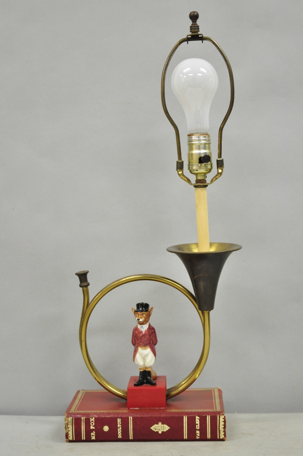 Vintage Equestrian Porcelain Snooty Mr Fox Brass Trumpet on Red Book Table Lamp