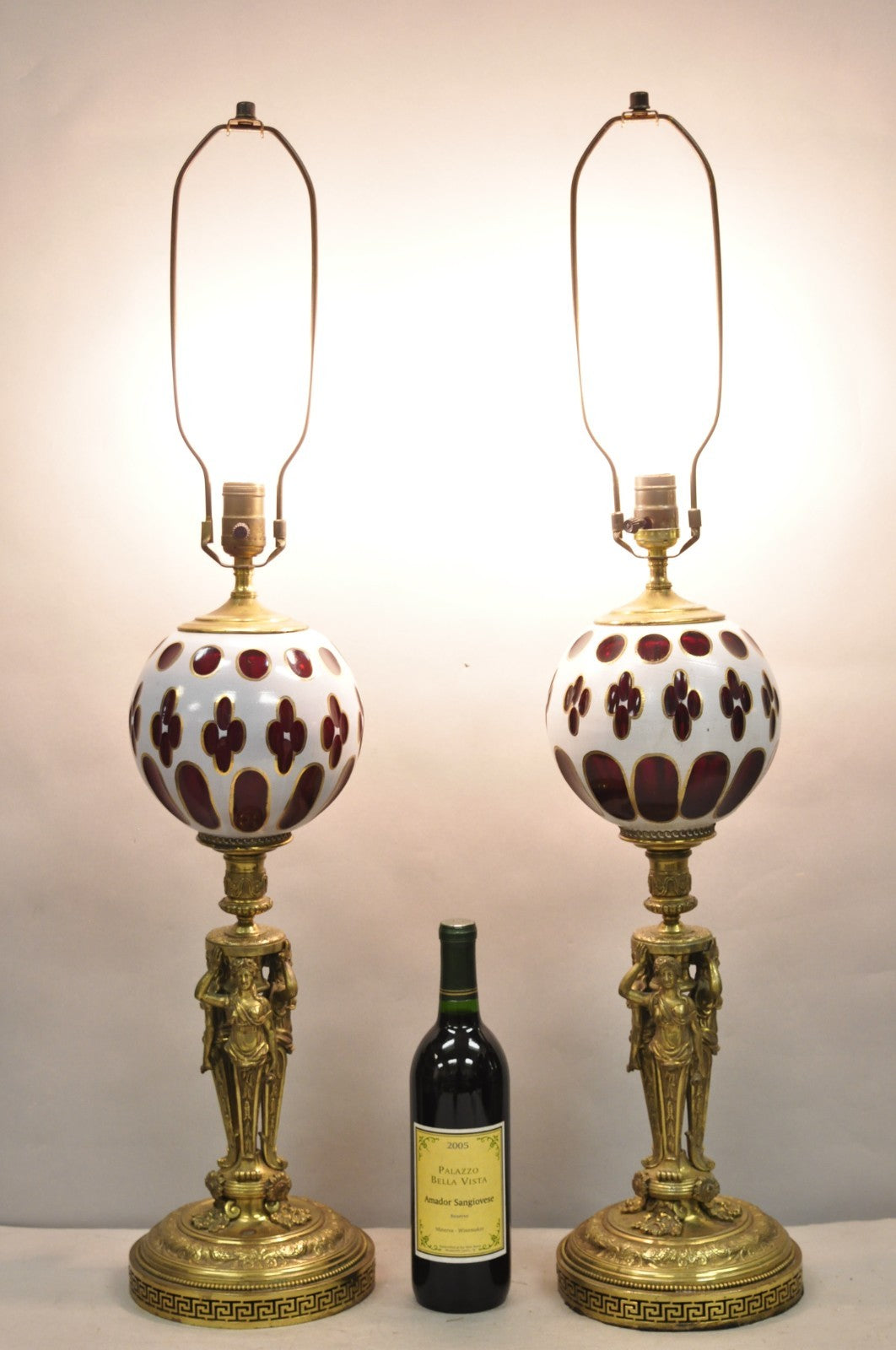 French Renaissance Brass Figural Maiden Base Red Bohemian Glass Table Lamps Pair