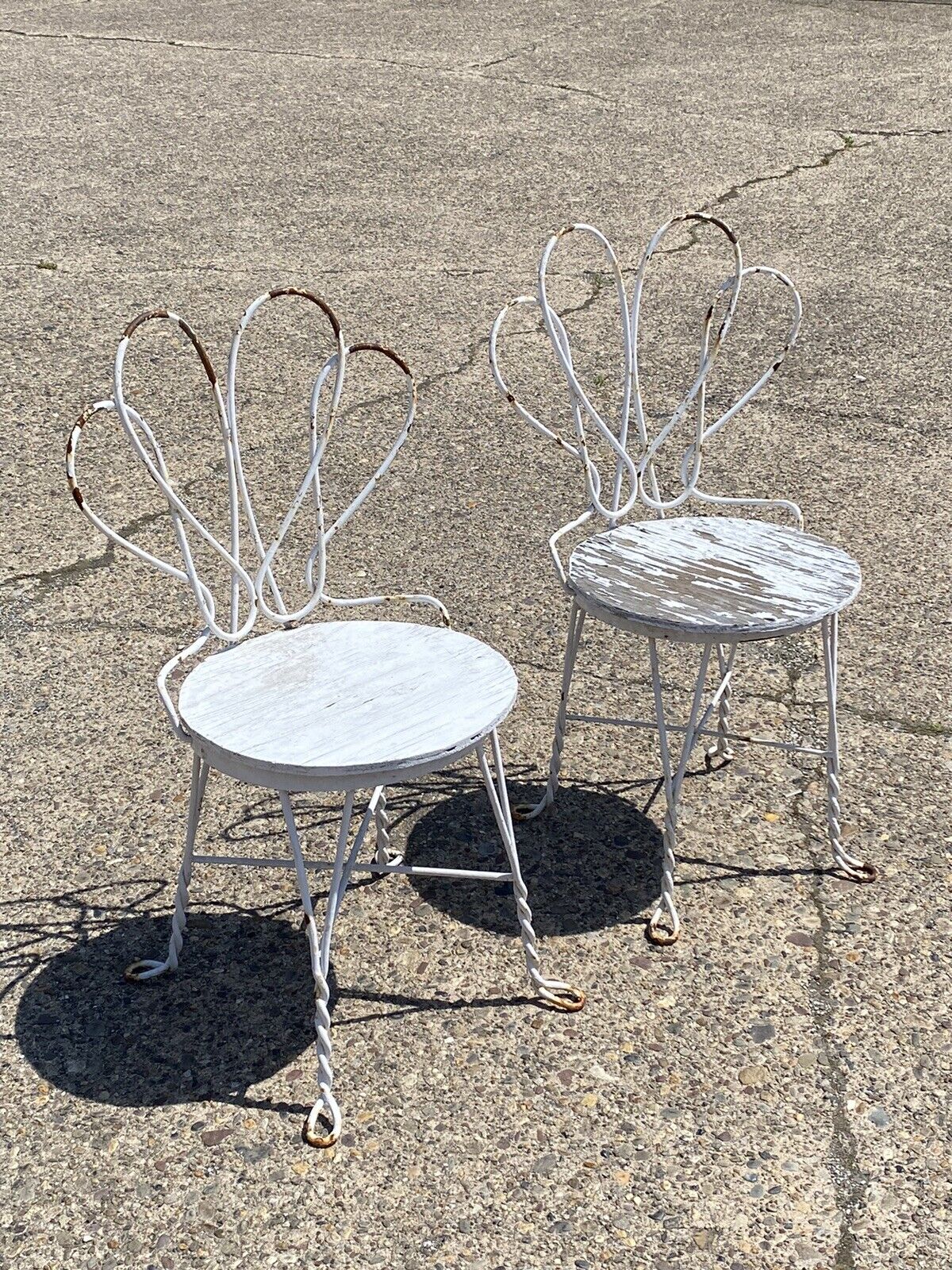 Antique French Bistro Twisted Wrought Iron Ice Cream Parlor Chairs - a Pair