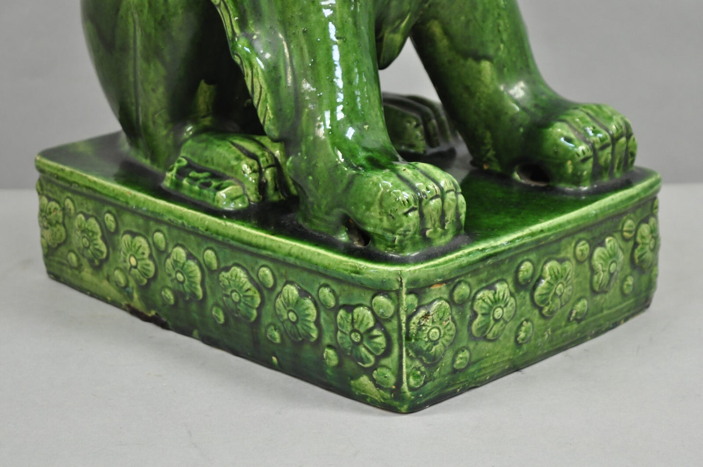 Vintage Chinoiserie Green Majolica Glazed Ceramic 24" Chinese Foo Dog Statue