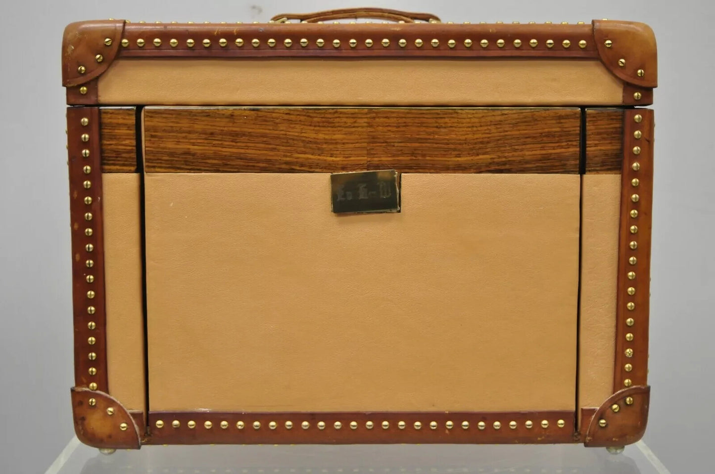 Vintage Custom Italian Leather Toiletry Box Case Travel Trunk w/ Brass Nail Trim