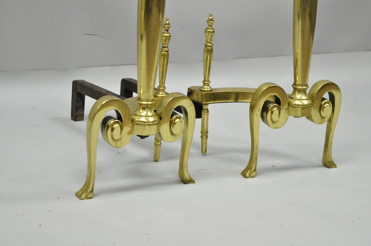 Antique French Art Nouveau Style Brass Urn Finial Fireplace Andirons - a Pair