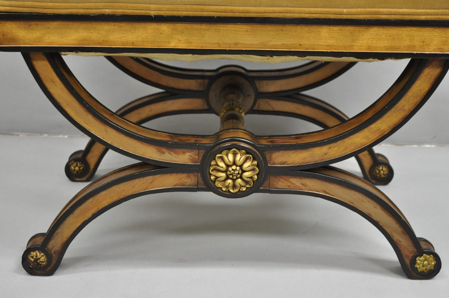 Vintage Italian Regency Style Curule Carved Walnut Upholstered X-Bench Stool