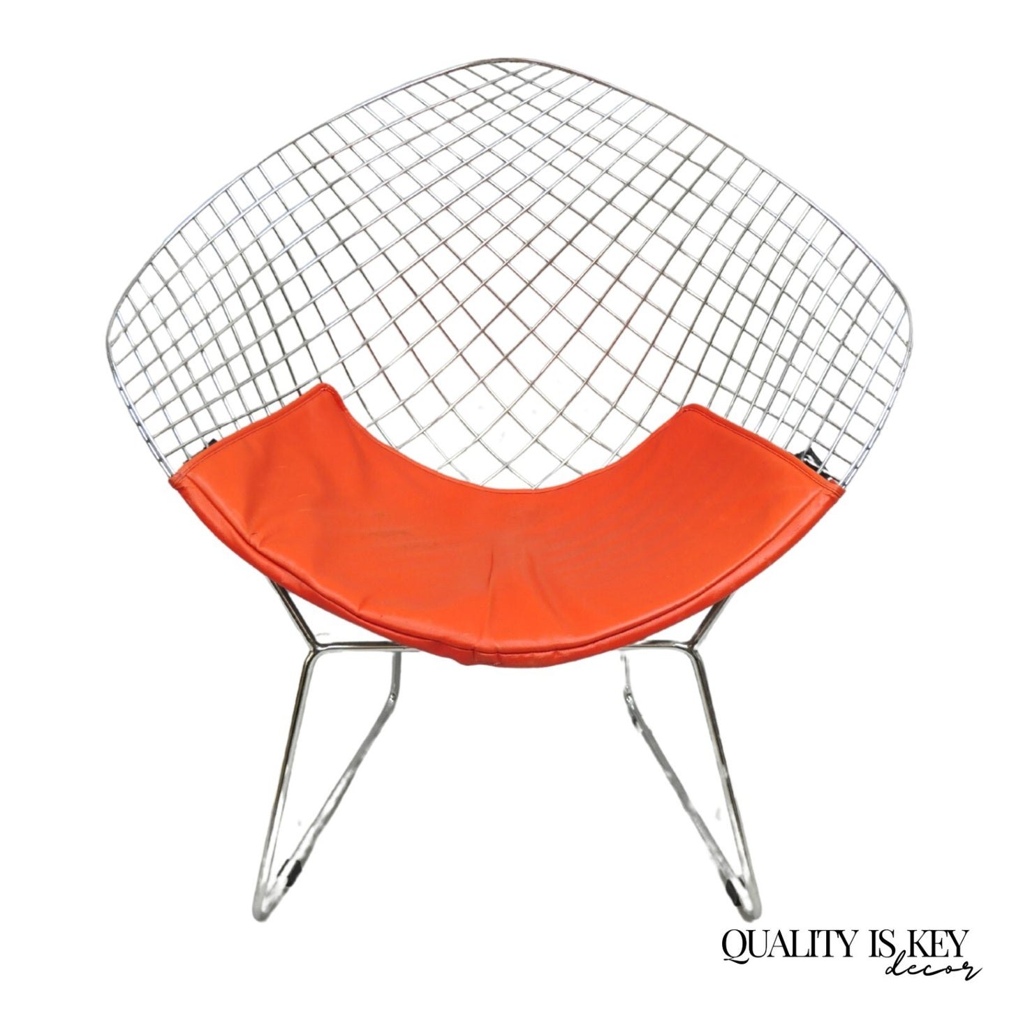 Knoll Style Bertoia Chrome Wire Metal Diamond Lounge Chair With Red Cushion