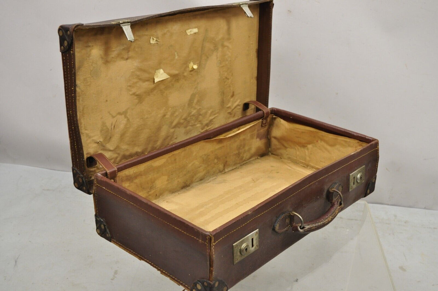 Antique Art Deco Brown Leather English 25" Luggage Travel Suitcase
