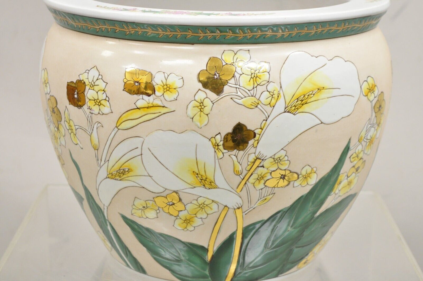 Vintage Chinese Ceramic Jardiniere Cachepot Planter Pot with Fish & Lilies