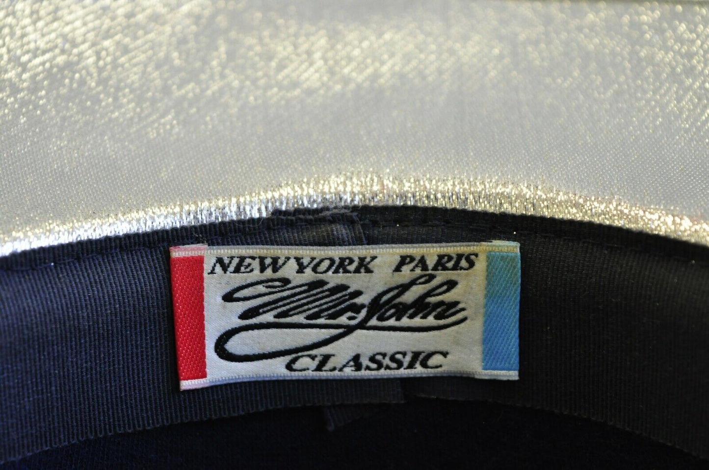Vintage Mr. John Classic Metallic Silver Church Derby Wide Brim Hat with Feather