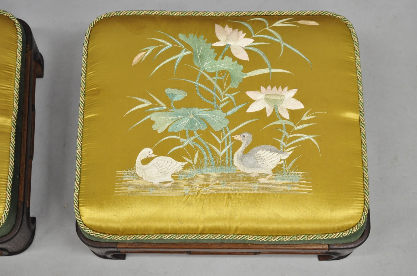 Vintage Chinoiserie Chinese Ming Style Low Footstool Ottoman w/ Silk - Pair