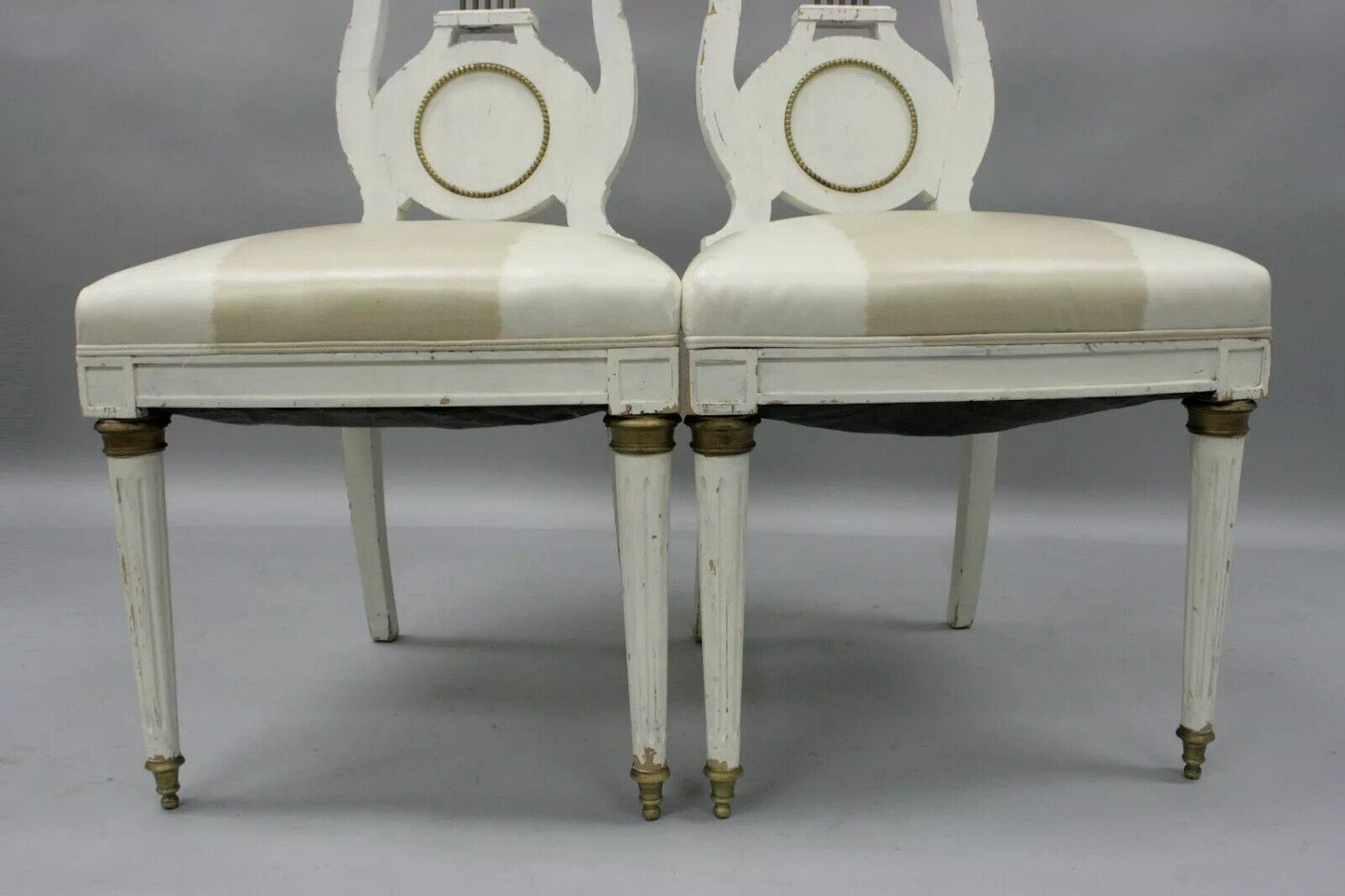 Antique French Empire Neoclassical Style Brass Harp Lyre Side Chairs - a Pair