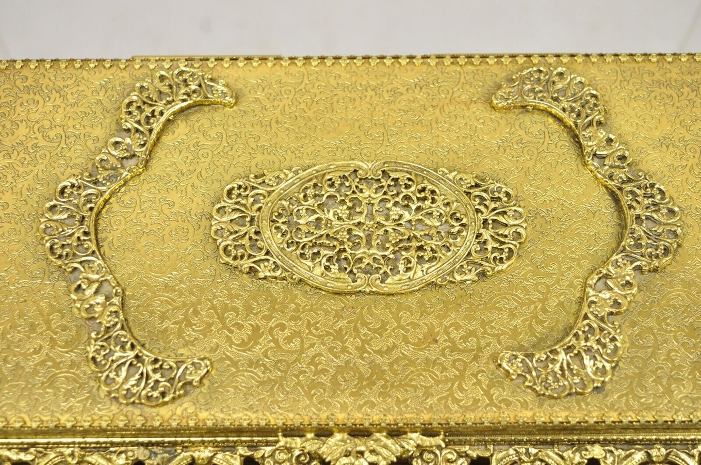 Vtg French Hollywood Regency Style Gold Filigree Vanity Jewelry Box by Globe