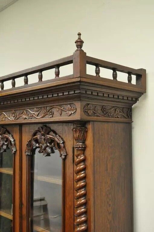 19th C. French Renaissance Carved Walnut Marble Top Bookcase Buffet Cabinet