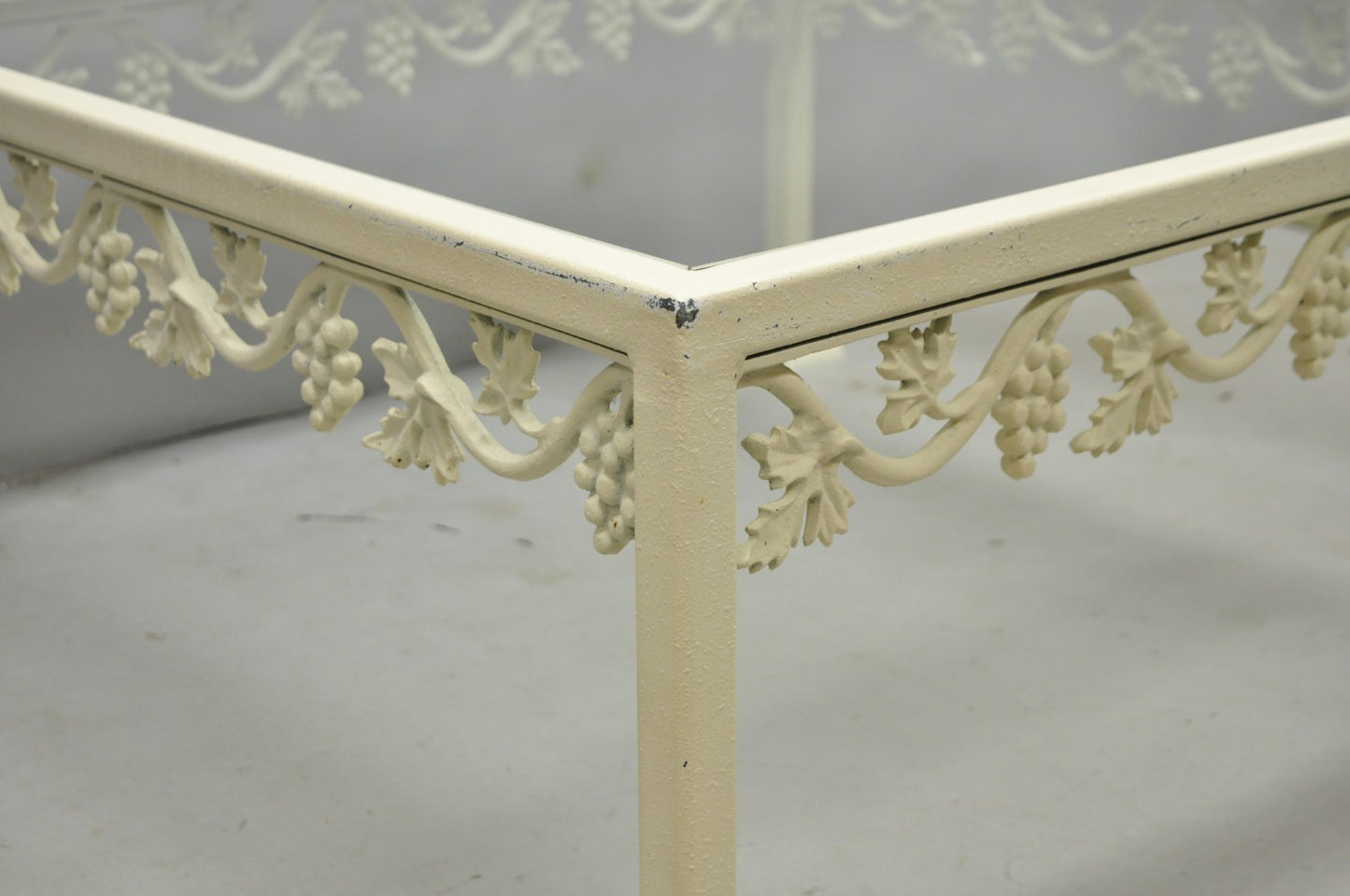 Vintage Woodard Style White Wrought Iron "Grapevine" Square Glass Coffee Table