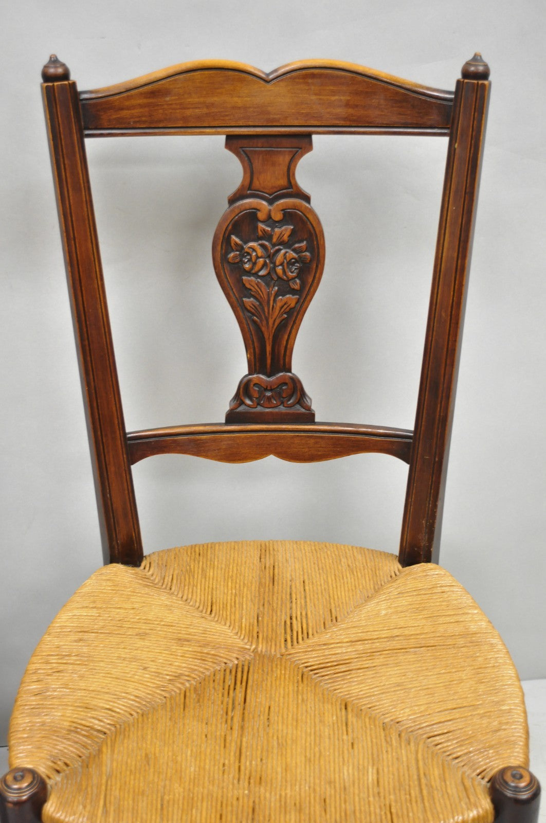 Antique William & Mary Style Carved Walnut Rose Rush Seat Side Chairs - a Pair