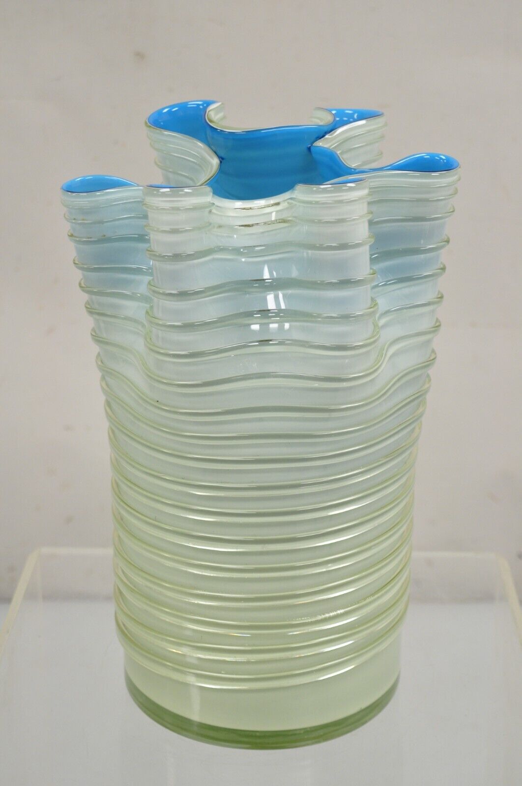 Vintage Murano Mid Century Italian Modern Blue Ribbed Napkin Handkerchief Vase