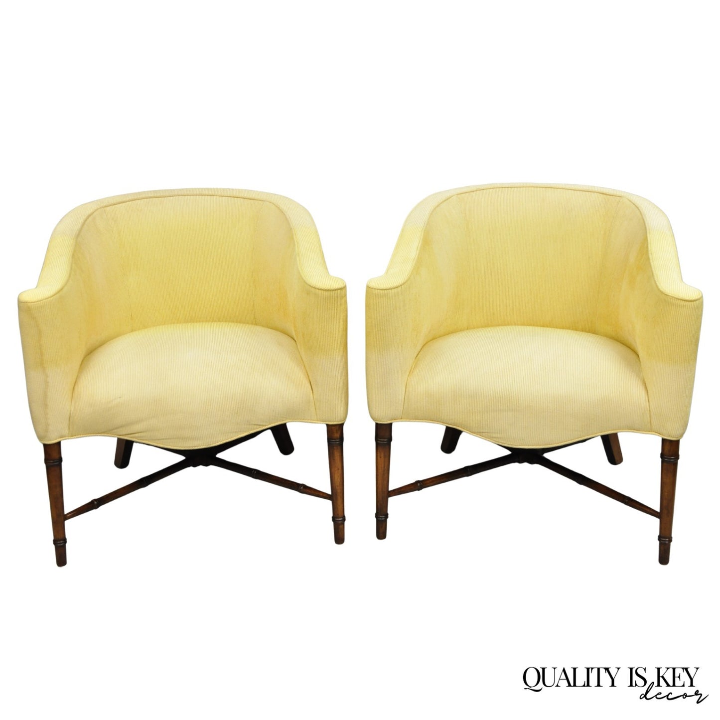 Vintage Faux Bamboo Hollywood Regency Barrel Back Club Lounge Chairs - a Pair