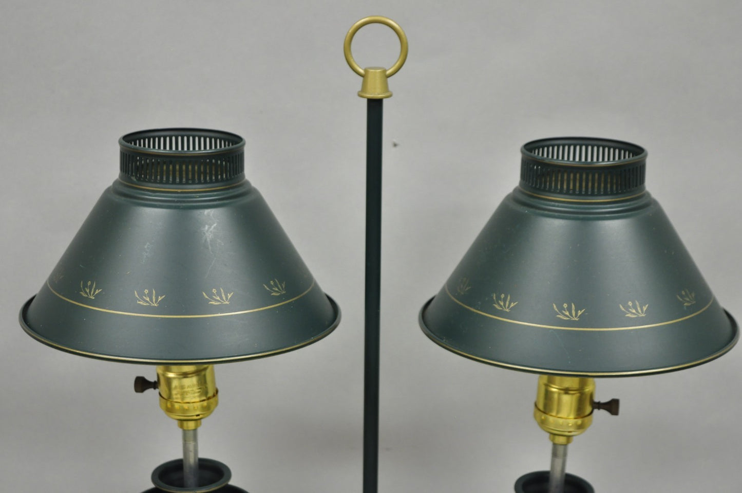 Vintage French Country Green Tole Metal Double Candlestick Table Lamp w/ Shades