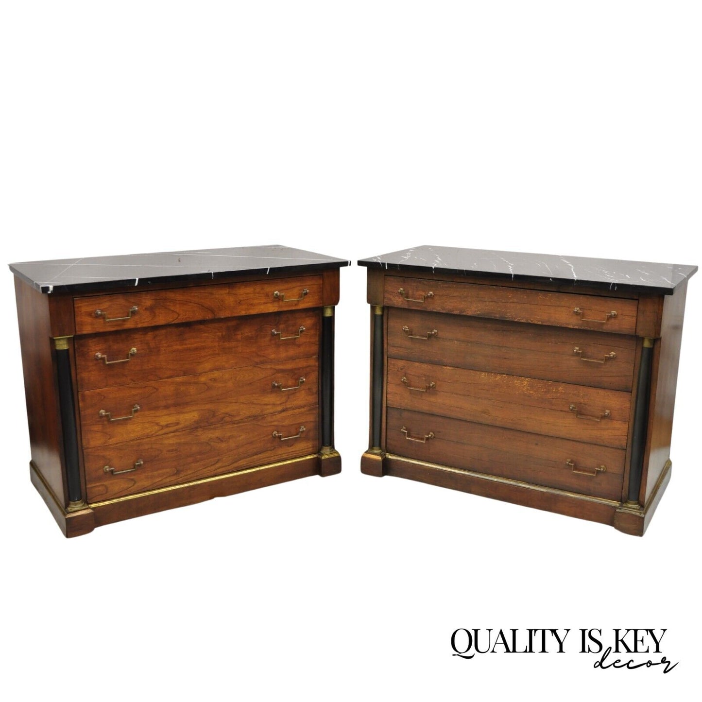 French Empire Neoclassical Style Marble Top Cherry Wood Commode Chest - a Pair