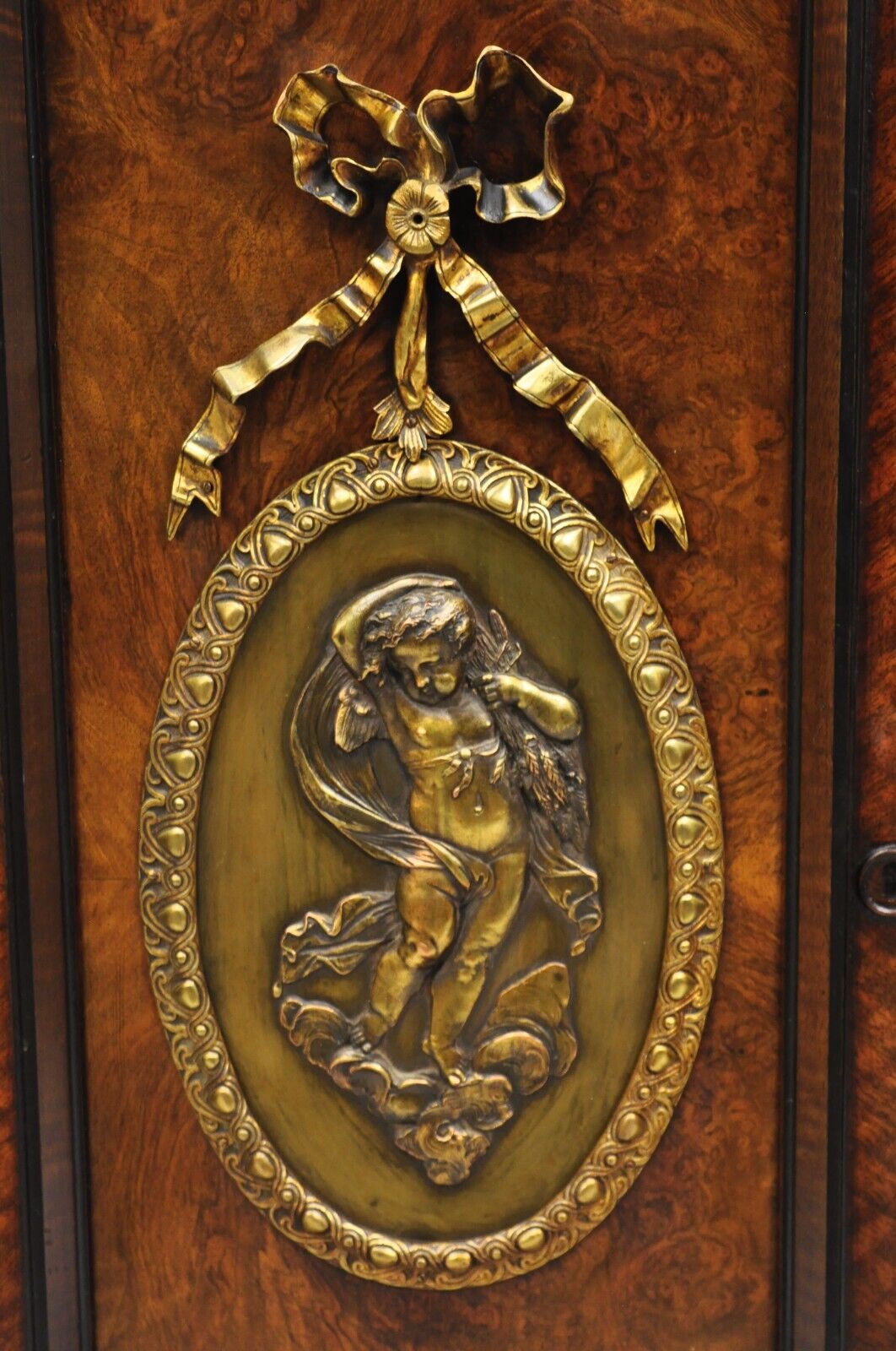 Antique Napoleon III Burl Walnut 2 Door Wardrobe Cabinet with Bronze Plaques