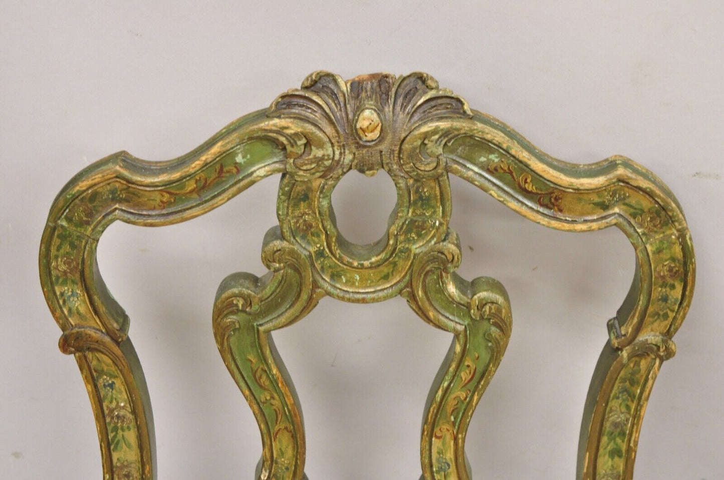 Antique Italian Venetian Green Floral Hand Painted Dining Side Chairs - Set of 4