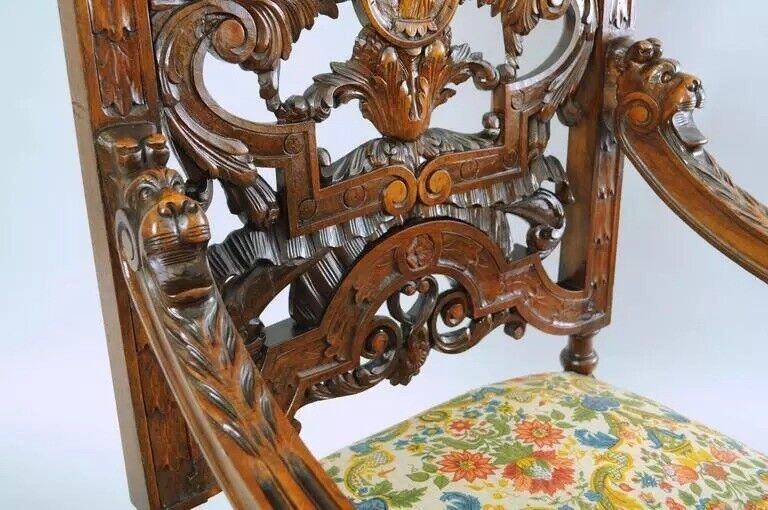 Antique Italian Renaissance Figural Bird & Lion Carved Walnut Throne Chair