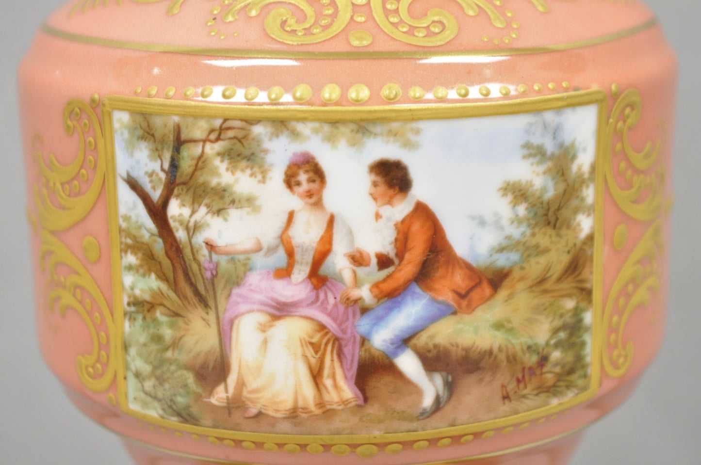 Antique French Victorian Salmon Coral Pink Porcelain Hand Painted Urn Table Lamp