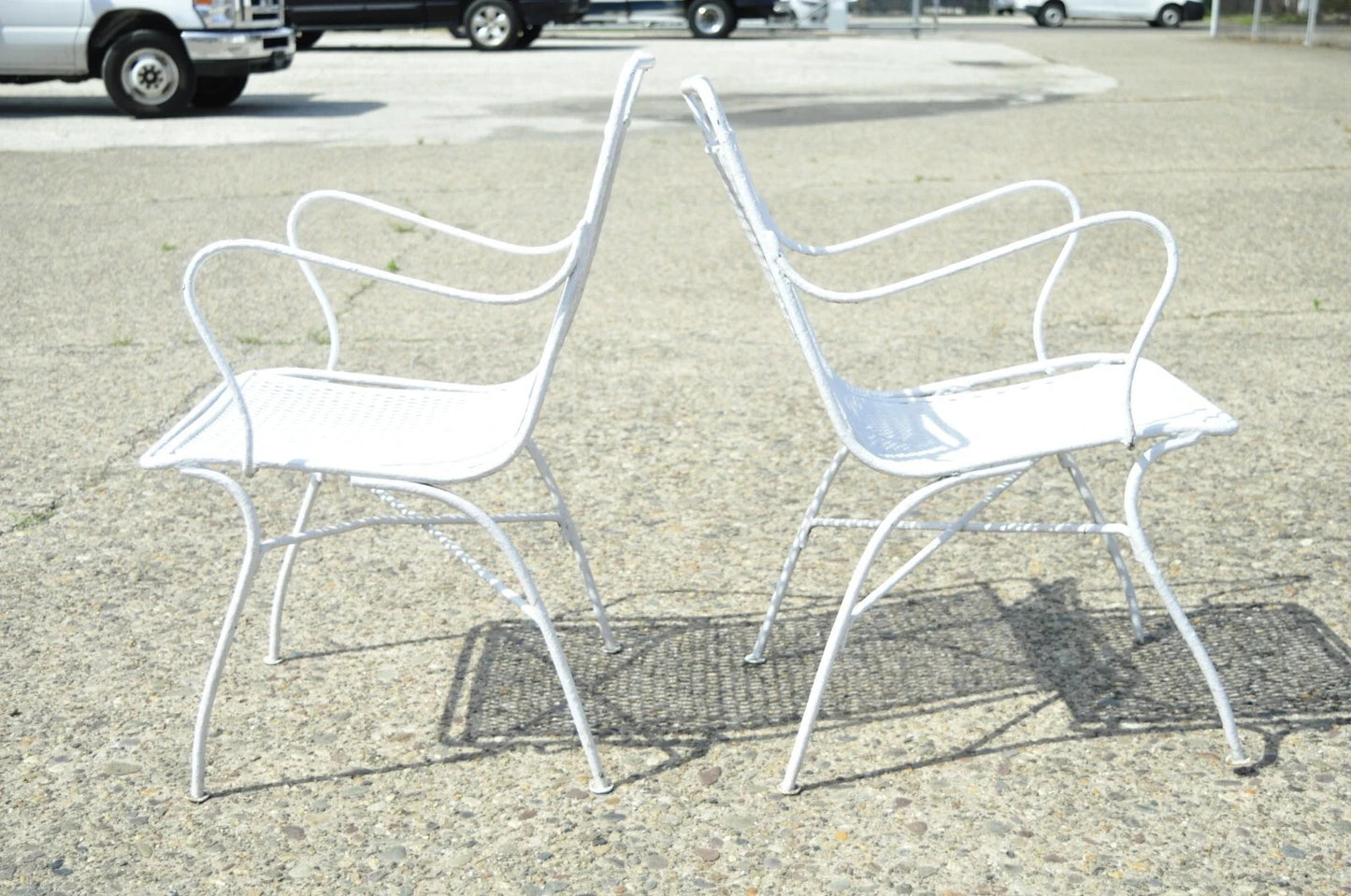 Vintage Russell Woodard White Wrought Iron Garden Patio Arm Chairs - a Pair