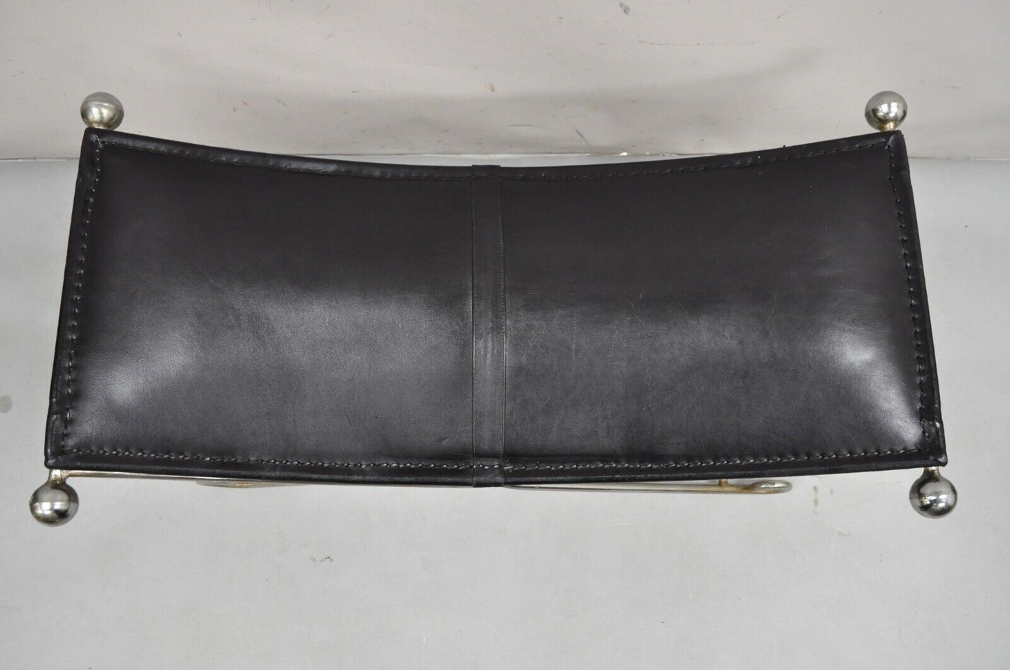 Modern Regency Style Folding Iron Metal Bench w/ Black Saddle Leather Seat