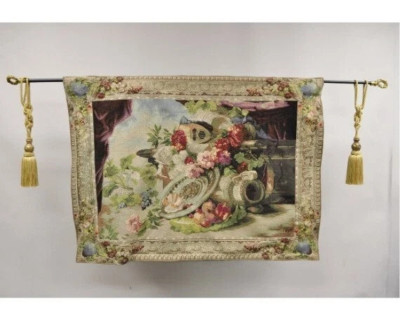 Jacquard Woven French Wall Tapestry Still Life Flowers & Mandolin by J&D