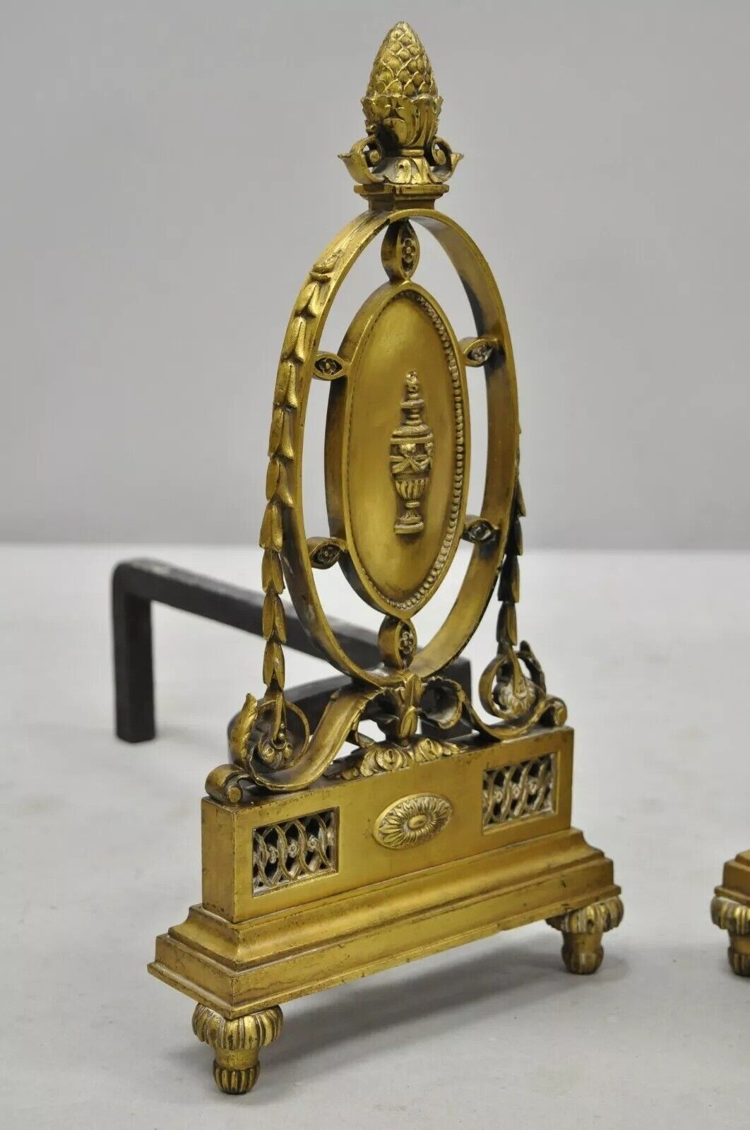 Antique French Empire Louis XVI Style Bronze Urn Acorn Fireplace Andirons - Pair