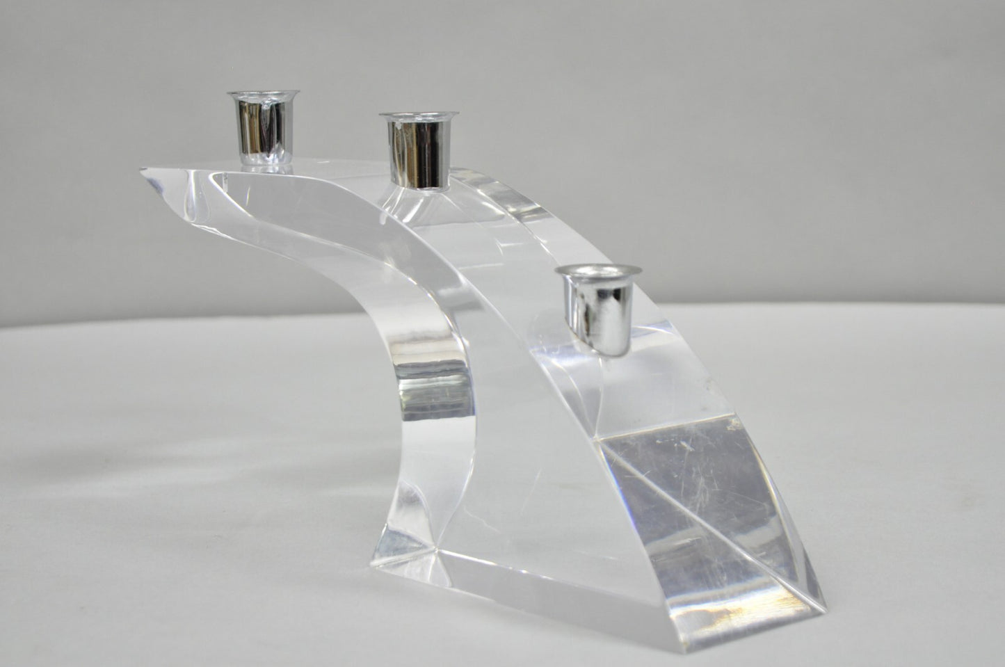 Vintage Mid Century Modern Lucite Chrome Sculptural Arched Candlestick Holder