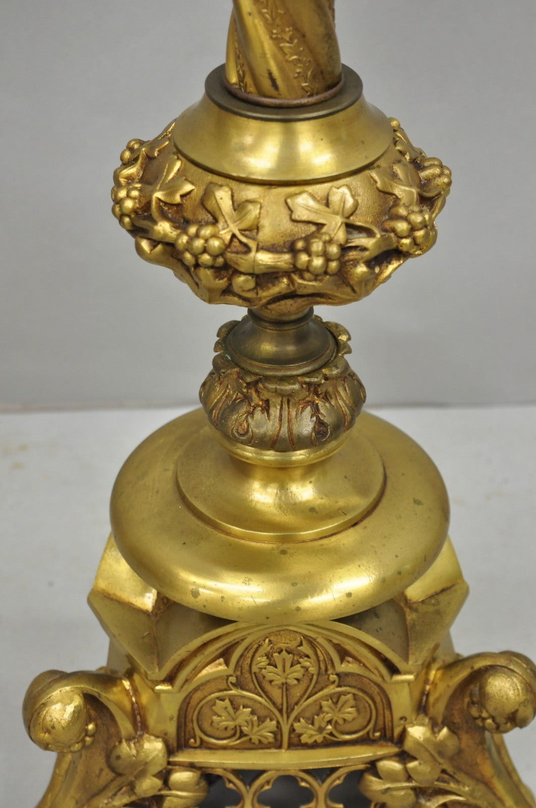 Antique French Renaissance Gothic Brass Metal Gold Candlestick Floor Lamp