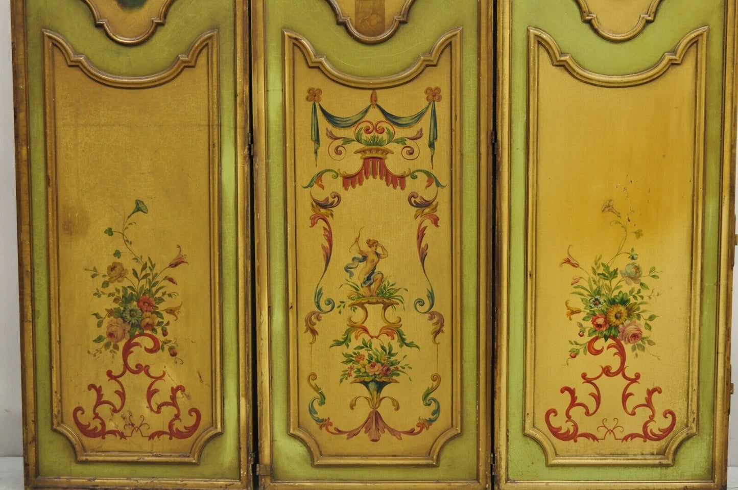 Antique French Louis XV Green Painted Parrot 3 Panel Venetian Room Screen (C)