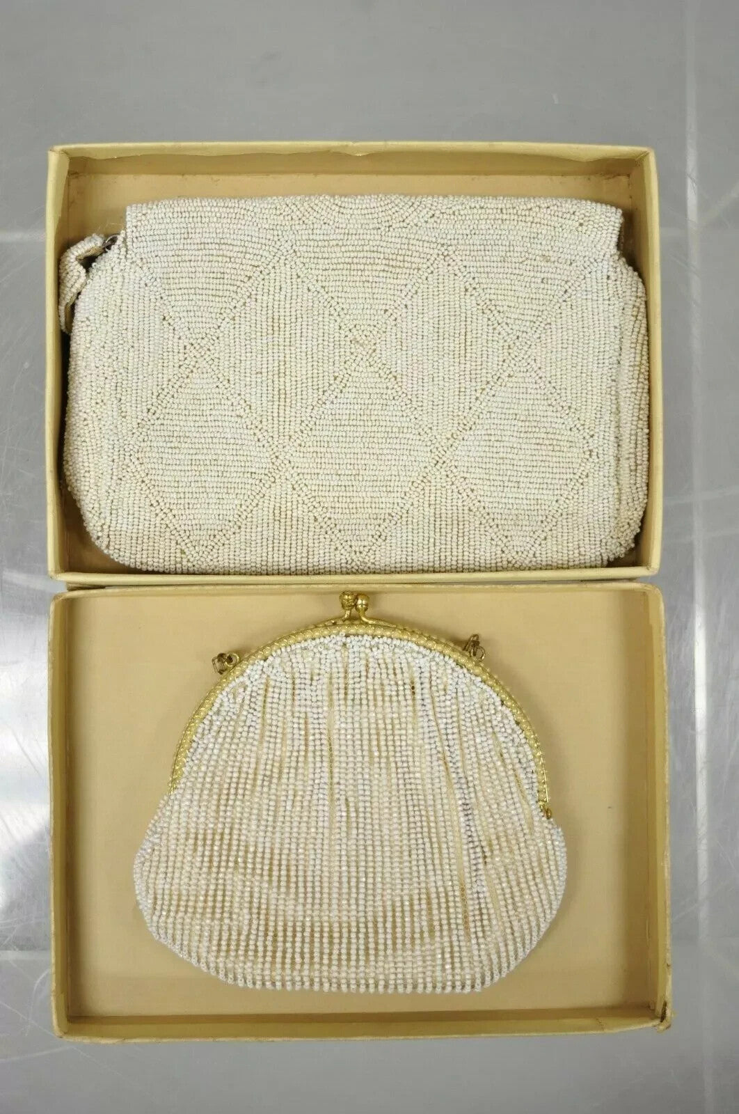 2 Vintage White Beaded Purse Clutch Coin Purse Pocketbook Belgium Lord & Taylor