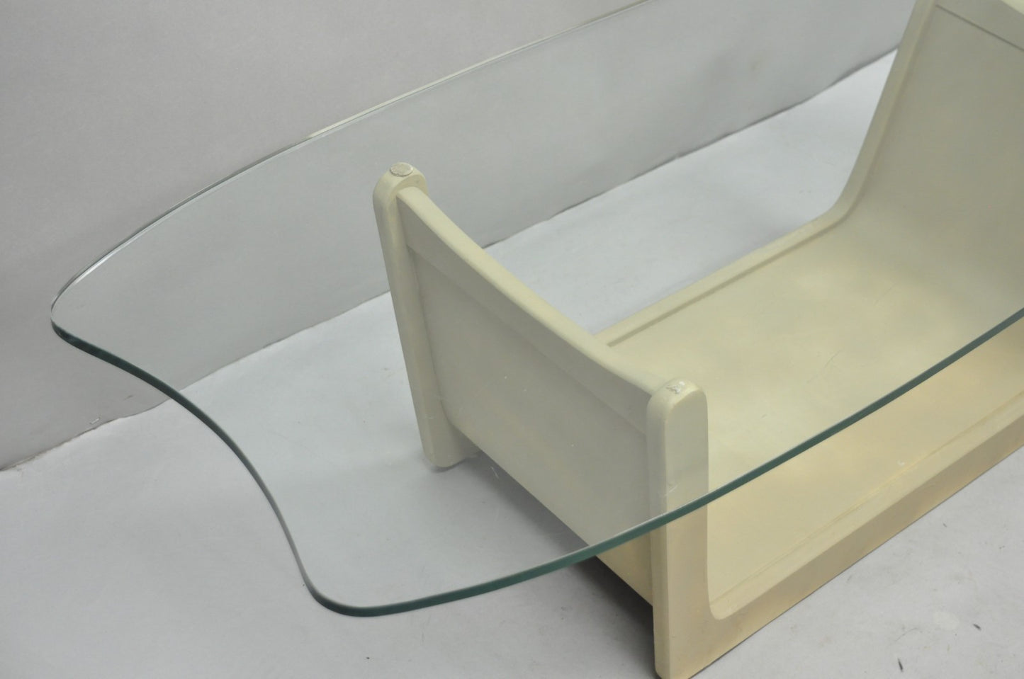 Vintage Mid Century Modern Painted Walnut Waterfall Base Glass Top Coffee Table