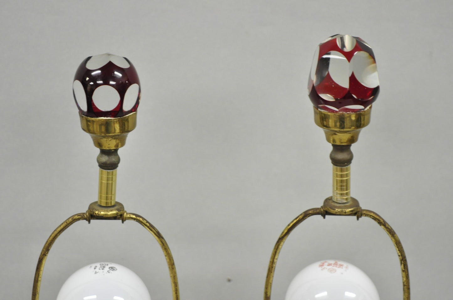 Antique Bohemian Cranberry Ruby Red Cut to Clear Glass Table Lamps - a Pair