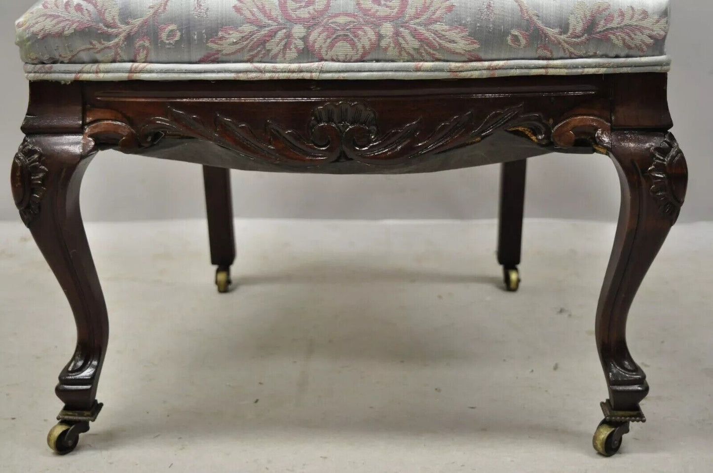 Antique Victorian Floral Scrollwork Carved Mahogany Parlor Accent Slipper Chair