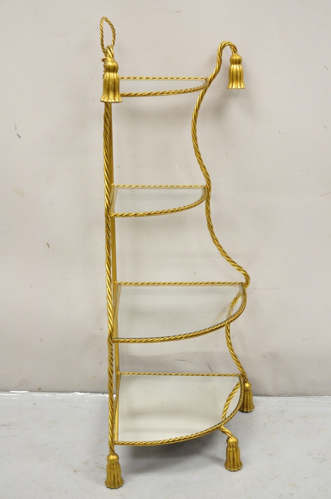 Italian Hollywood Regency Gold Gilt Iron Rope Tassel 4 Tier Etagere Corner Shelf