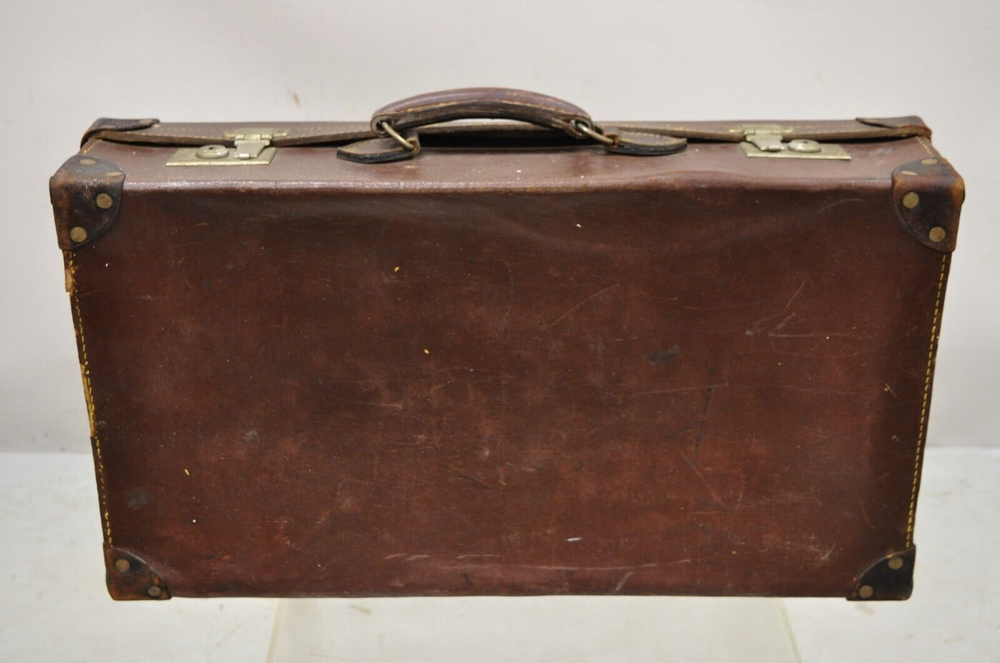 Antique Art Deco Brown Leather English 25" Luggage Travel Suitcase