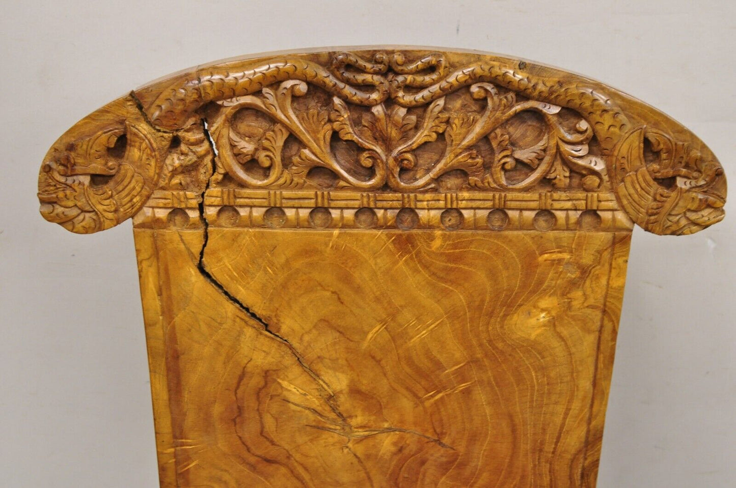 Indonesian Carved Solid Burl Wood Slab Continental Figural Side Chairs - a Pair