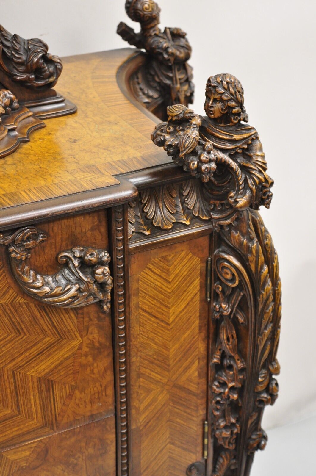 French Renaissance Louis XV Style Figural Carved Walnut Curio Display Buffet