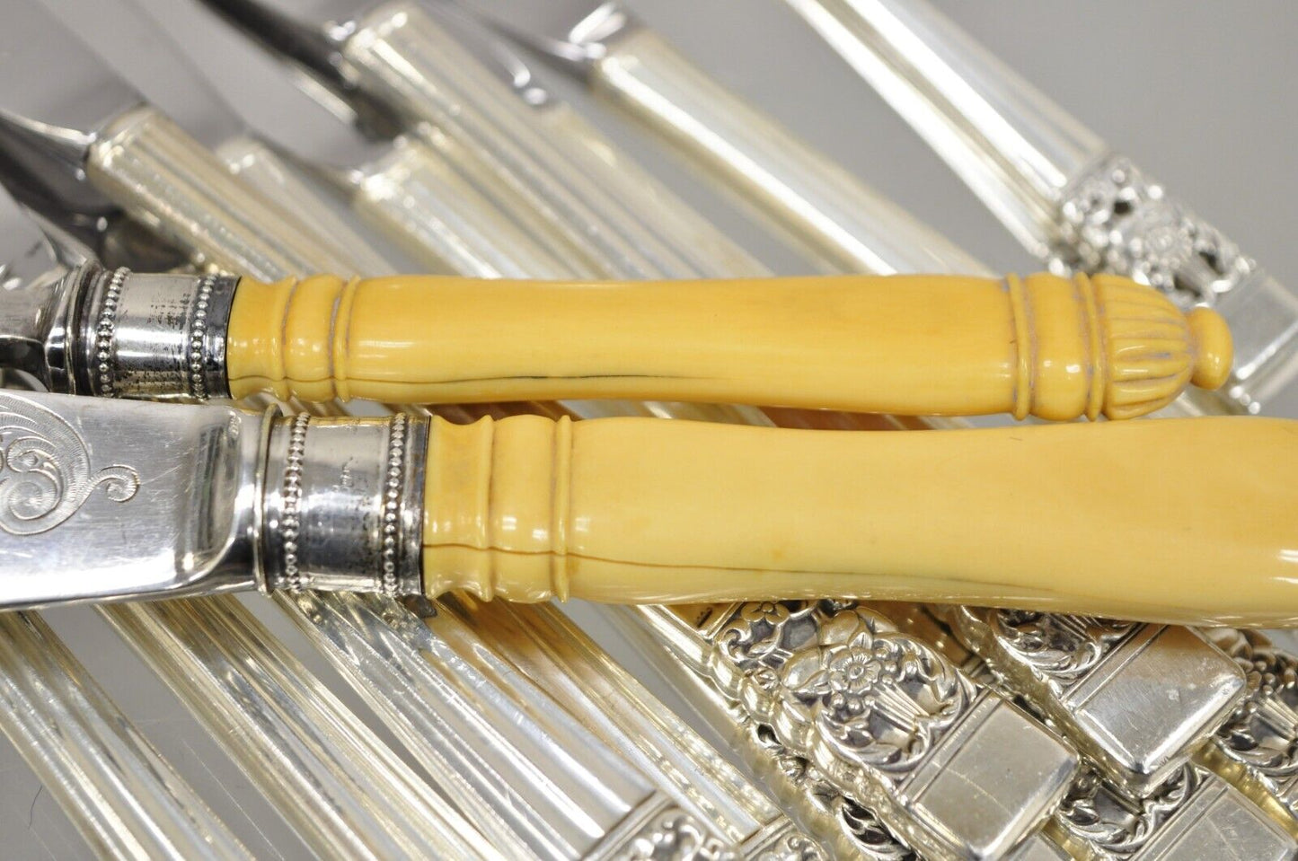 Antique English Victorian Floral Engraved Fish Knife & Fork Set Celluloid Handle
