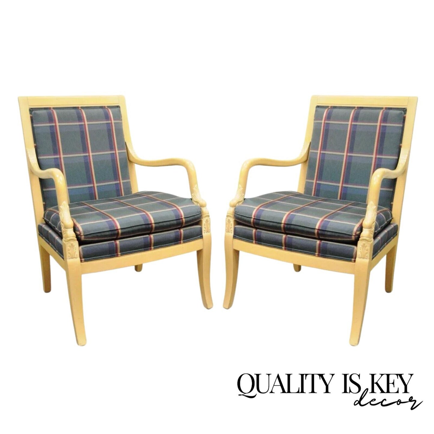 Ethan Allen Italian Regency Carved Dolphin Fireside Lounge Arm Chairs - a Pair