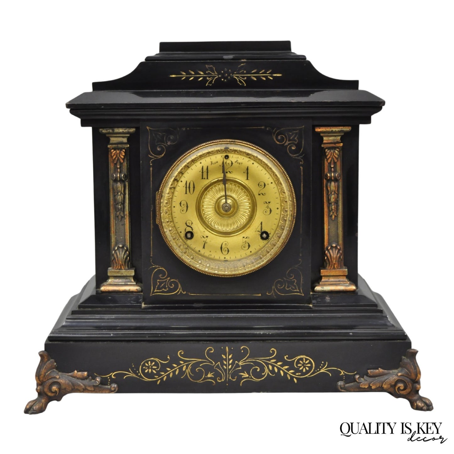 Antique Ansonia Black Mantel Clock with Bronze Coated Columns and Claw Feet