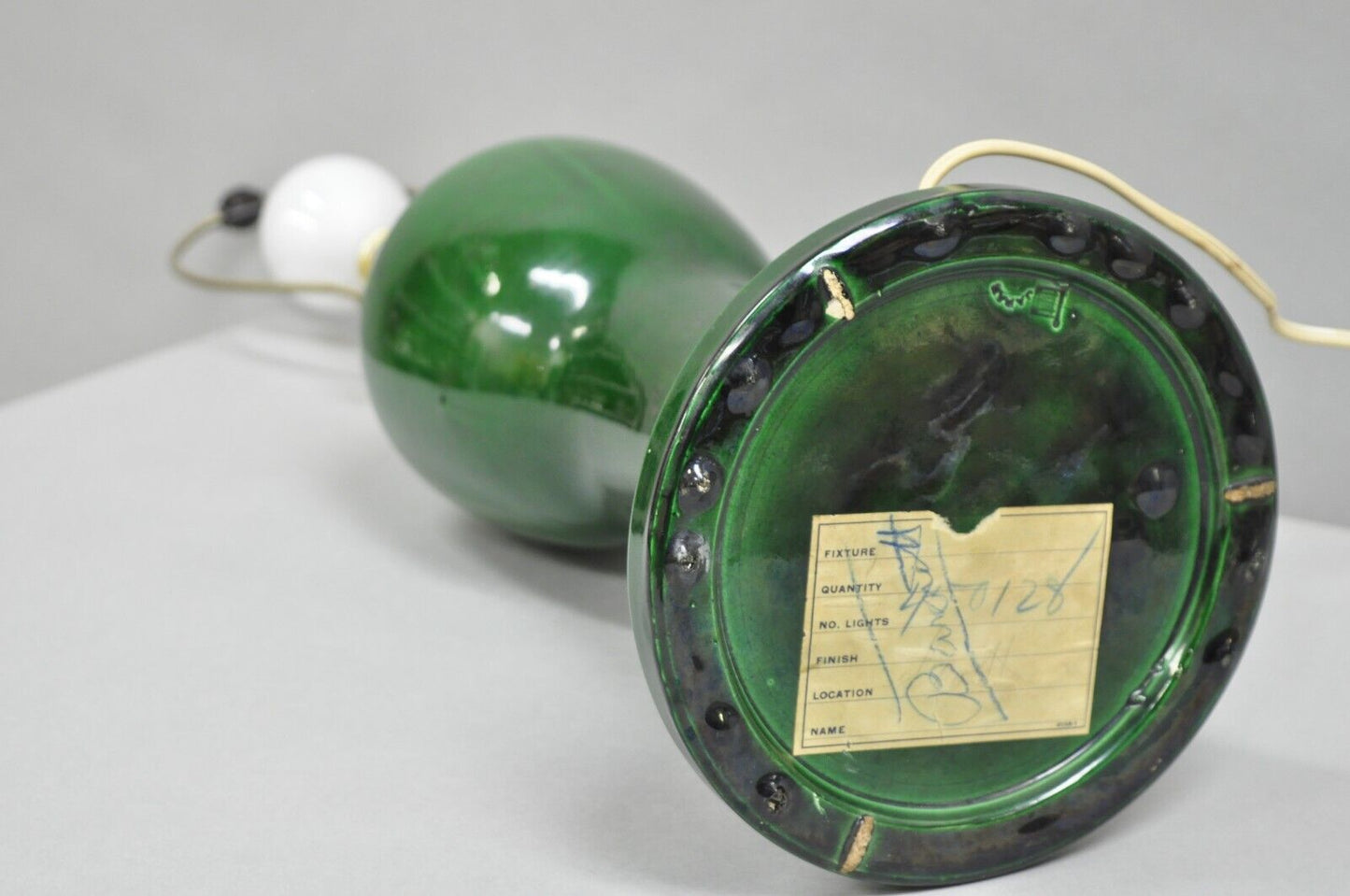 Antique Chinoiserie Japanese Ceramic Pottery Green Bulbous Vase Table Lamp