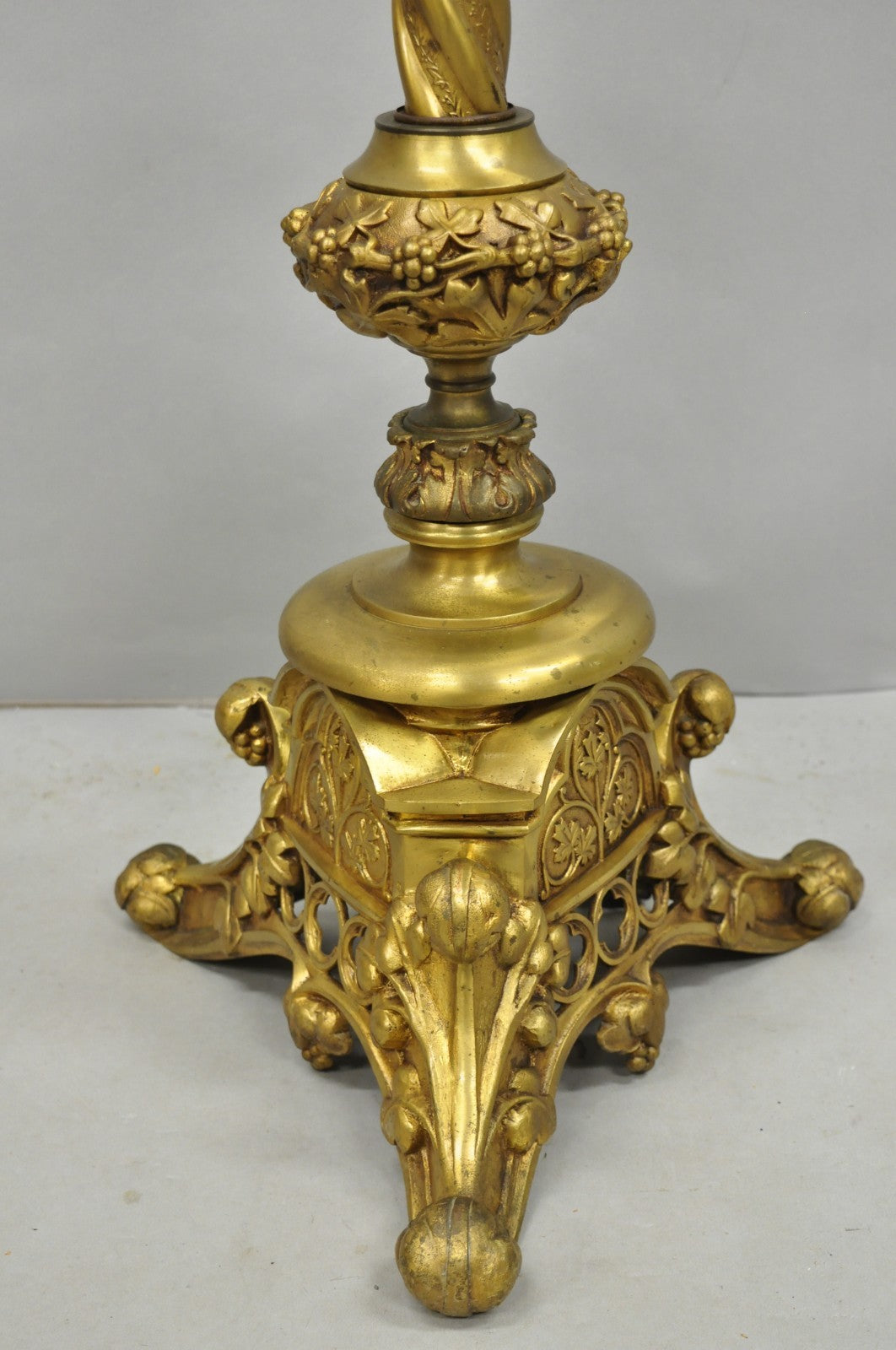Antique French Renaissance Gothic Brass Metal Gold Candlestick Floor Lamp