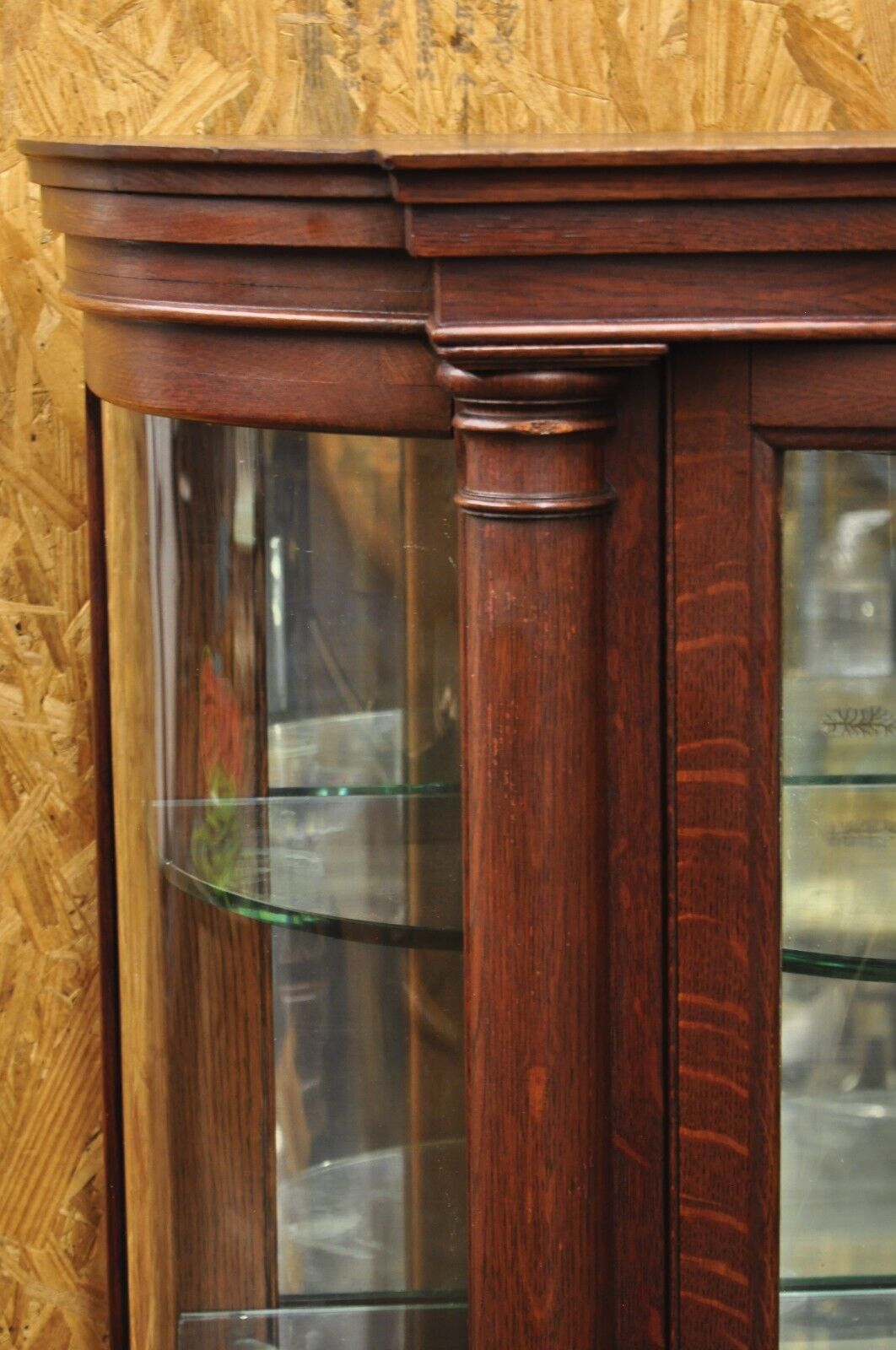 Antique American Empire Victorian Oak Wood Bowed Glass China Cabinet Curio