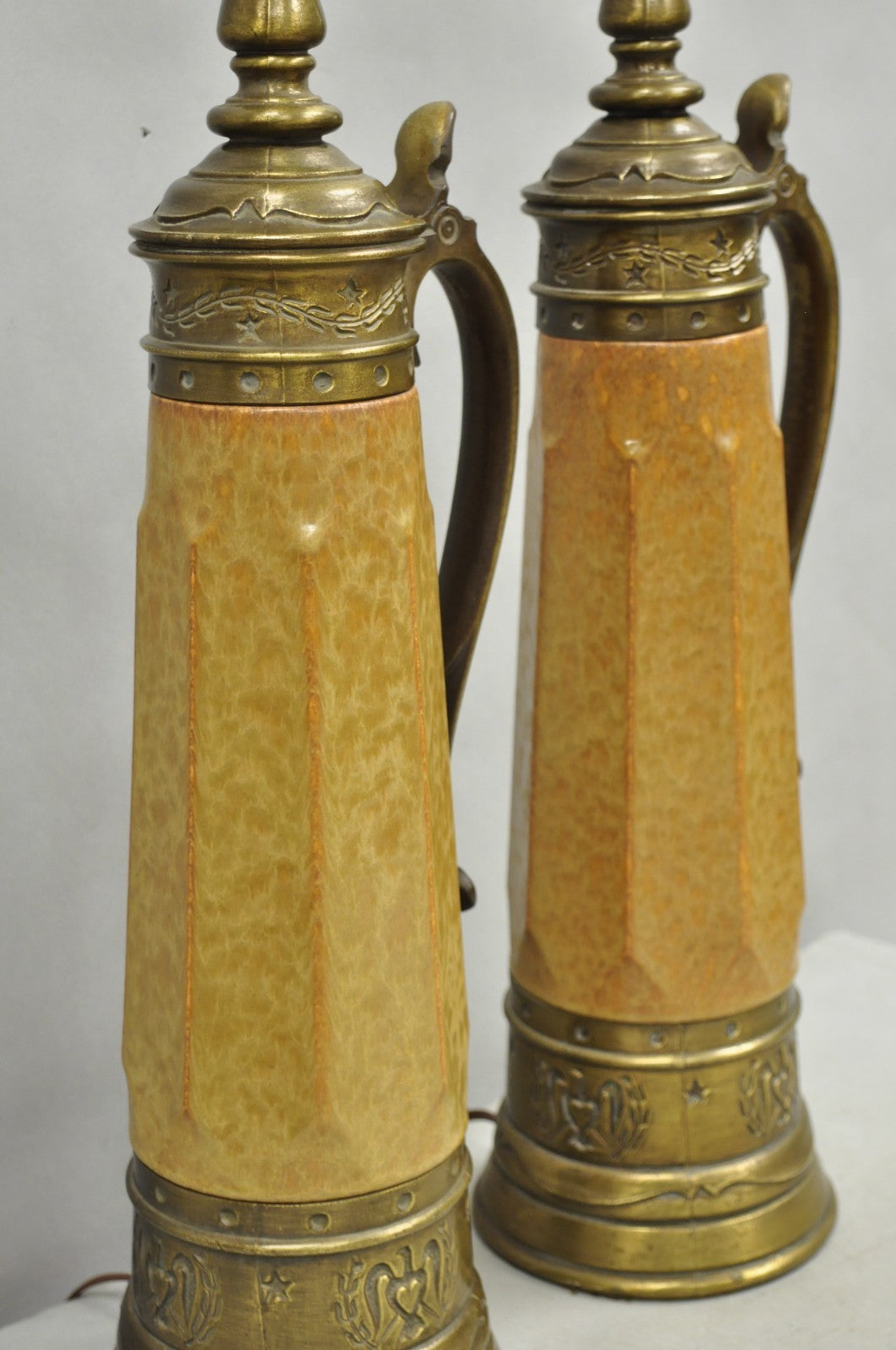 Vintage German Ceramic Pottery Beer Stein Renaissance Style Table Lamps - a Pair