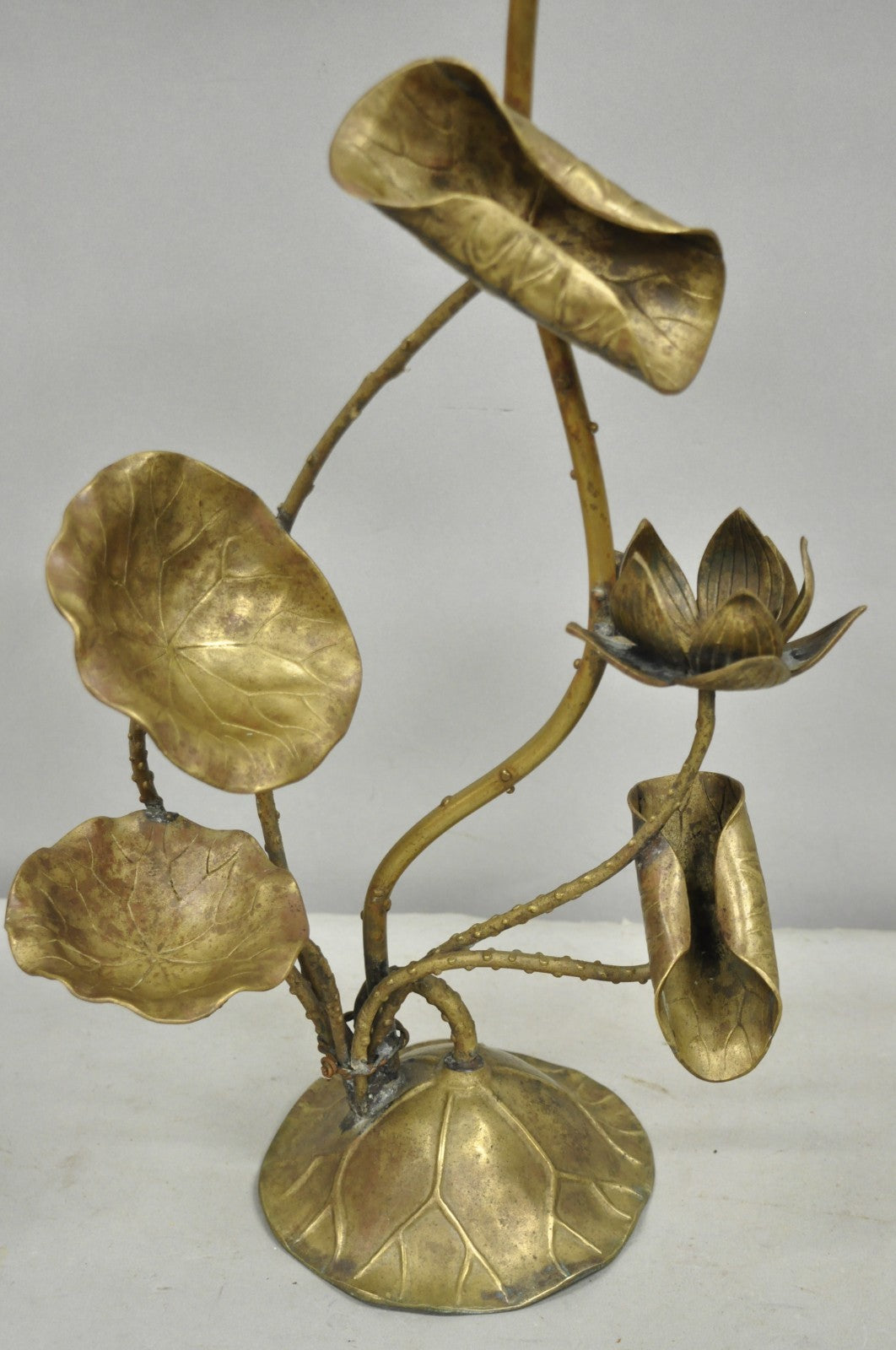 Vintage Hollywood Regency Brass Lotus Leaf Lily Pad Single Candlestick Holder